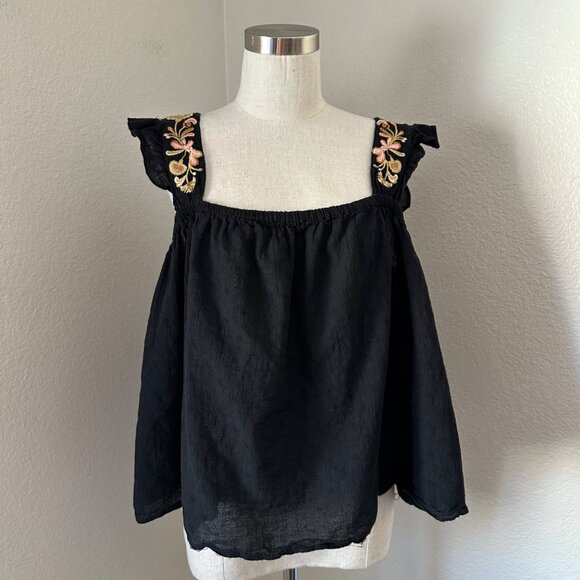 Madewell Swing Blouse Elasticized Square Neck Floral Embroidered Ruffle Straps 2 - Picture 3 of 9